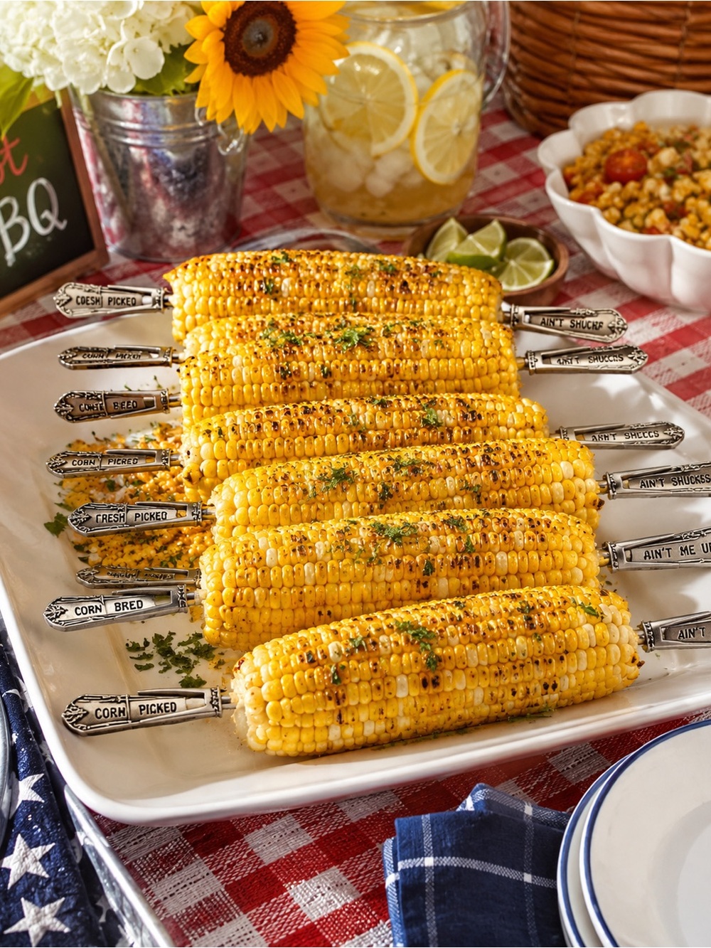 Silver Corn Holders - Stainless Metal Skewers for Grilled Corn (Set of 4)